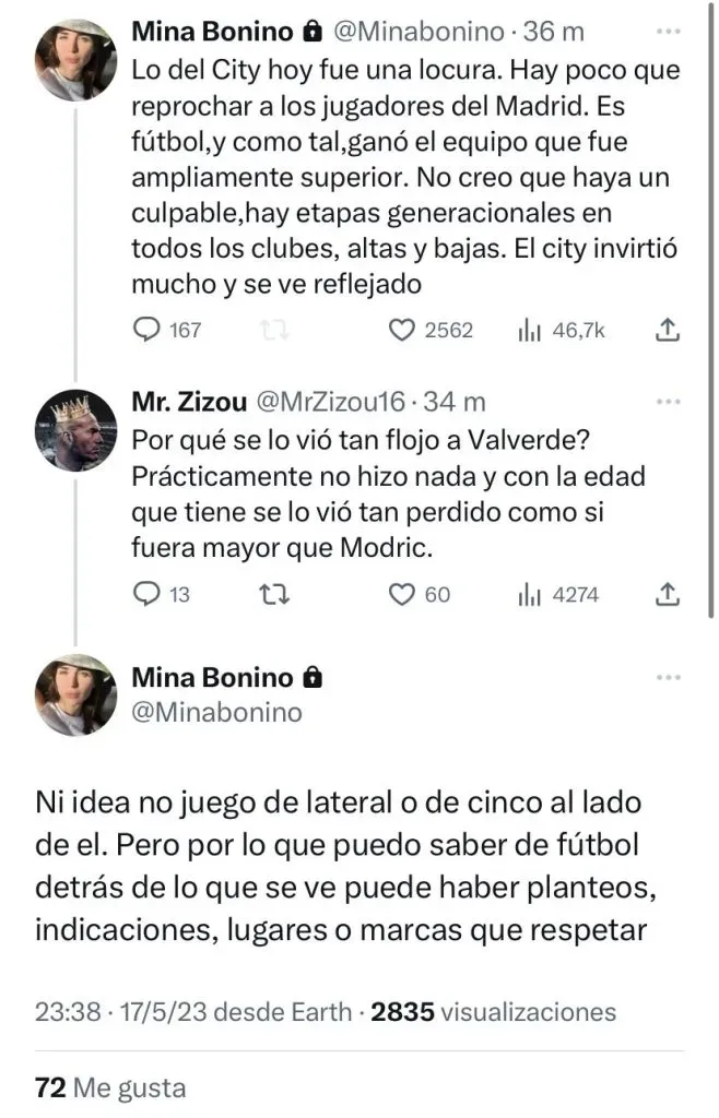 Serie de tuits sobre la opinión de Mina Bonino de la eliminación de Real Madrid en Twitter.