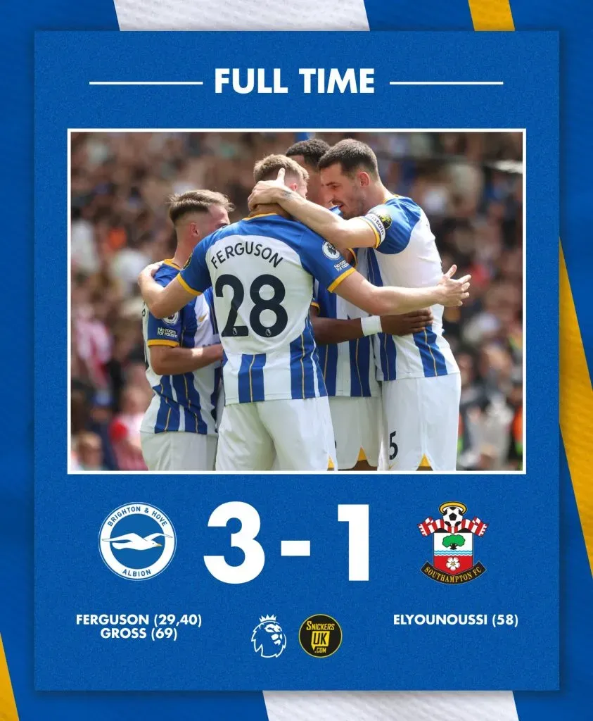 Brighton derrotó 3 a 1 al Southampton y quedó a un paso de la Europa League. @OfficialBHAFC
