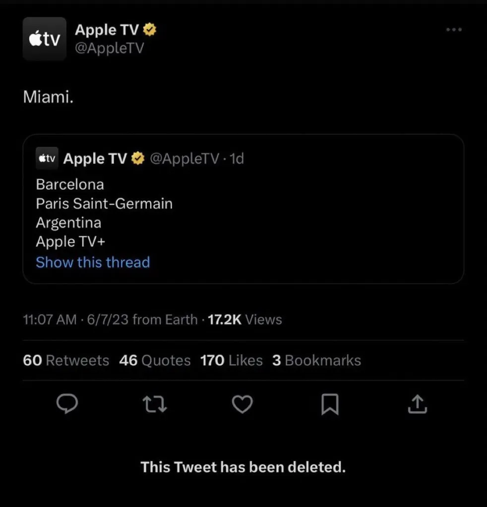 El tuit que borró Apple adelantando que Messi jugará en Inter de Miami.