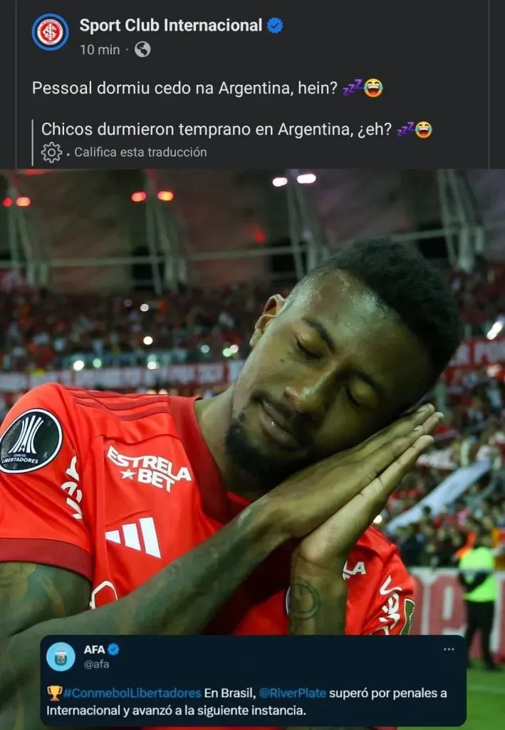 La publicación del Inter de Porto Alegre en la que citó a la AFA. Twitter.