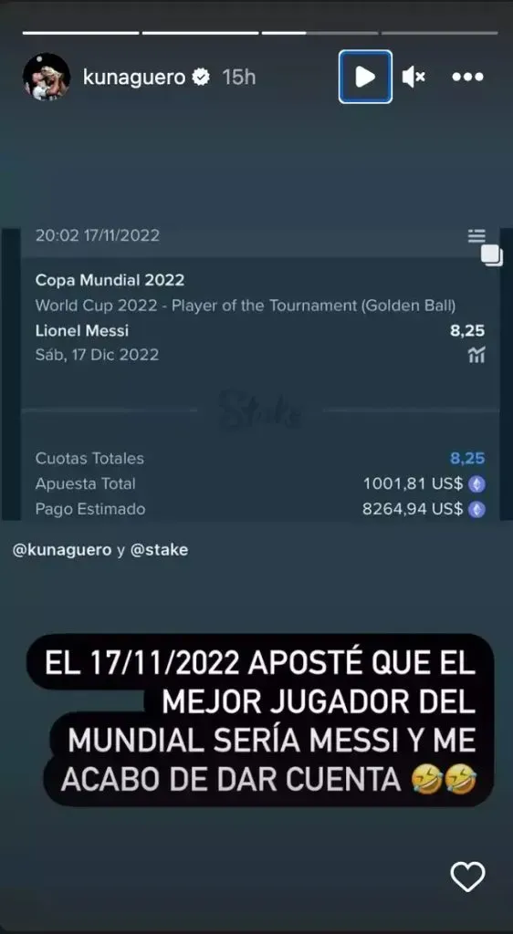 La story del Kun Agüero donde reveló que ganó la apuesta que hizo por Messi.