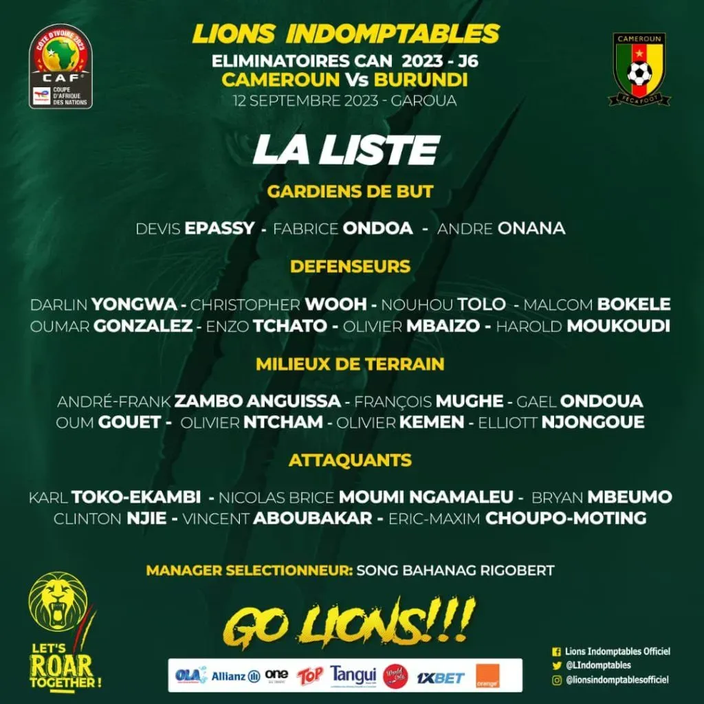 La convocatoria de Camerún (Federación Camerunesa de Fútbol).