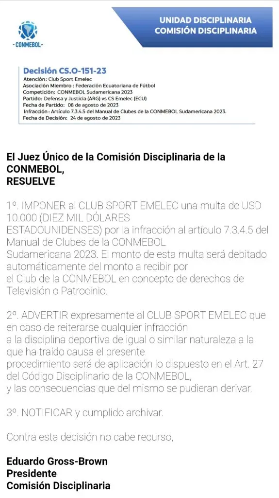 Multa de Conmebol a Emelec.