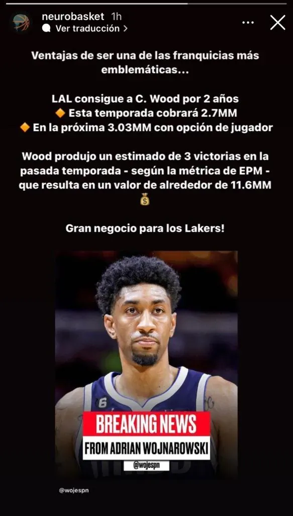 Dinero para Lakers por Wood (Foto: Instagrm / @nuerobasket)