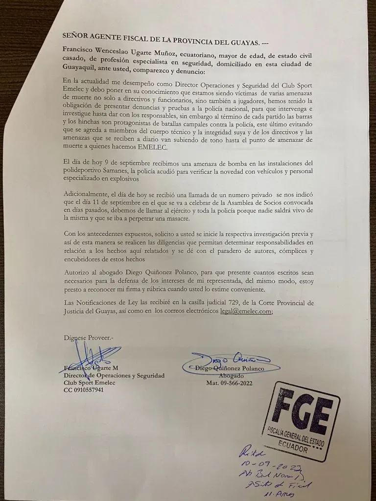 Denuncia de Emelec en la Fiscalía.