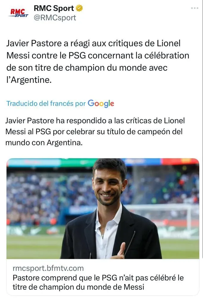 Mensaje de Pastore para Messi (FOTO / @RMCSport)