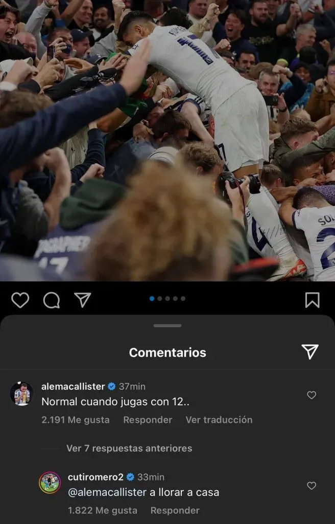 El cruce de Alexis Mac Allister y Cristian Romero en Instagram tras el Tottenham 2 Liverpool 1.