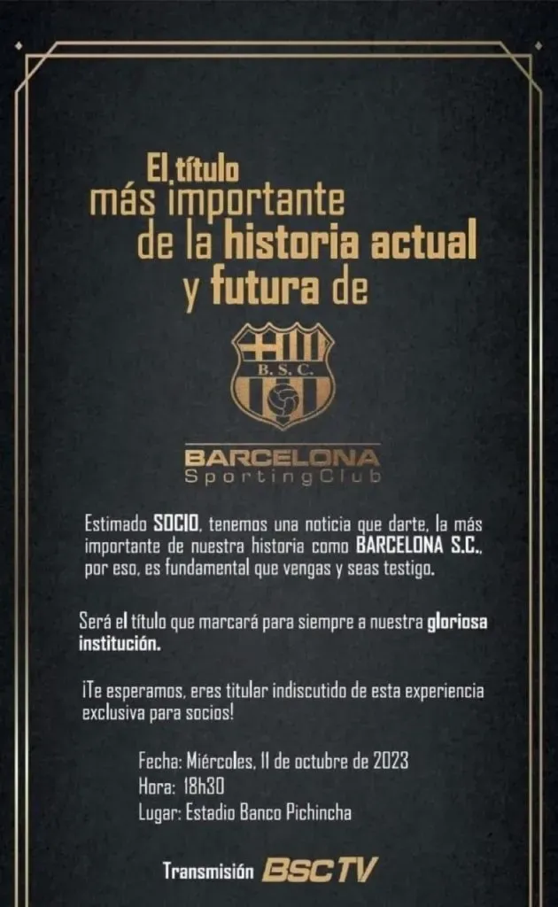 Invitación al anuncio de Barcelona SC el próximo 11 de octubre.