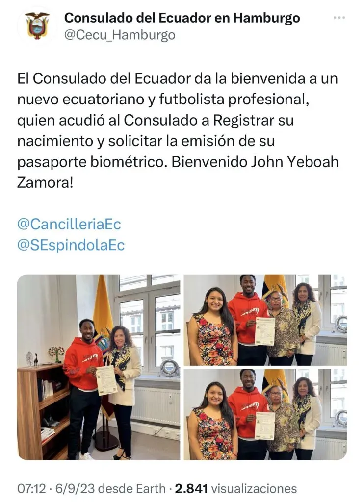 Tweet del Consulado de Ecuador en Wolfsburgo dando a conocer la nacionalidad ecuatoriana de John Yeboah.