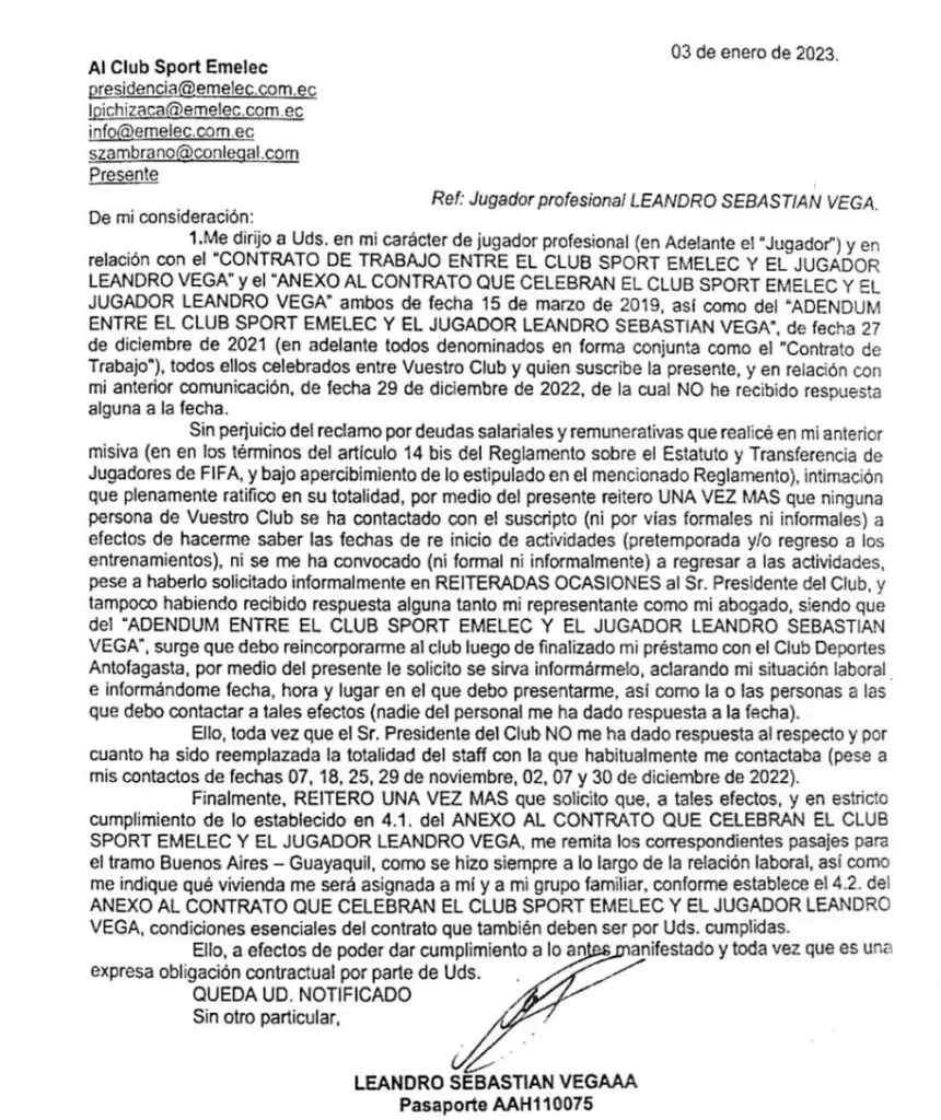 Escrito presentado por Leandro Vega hacia Emelec exponiendo la ausencia de respuesta de parte de la directiva del club.