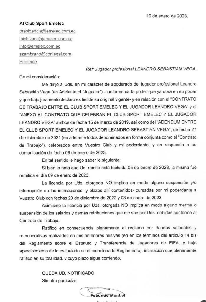 Escrito de Facundo Montiel, abogado de Leandro Vega, señalando que el permiso laboral no justifica que el futbolista no haya recibido su sueldo.