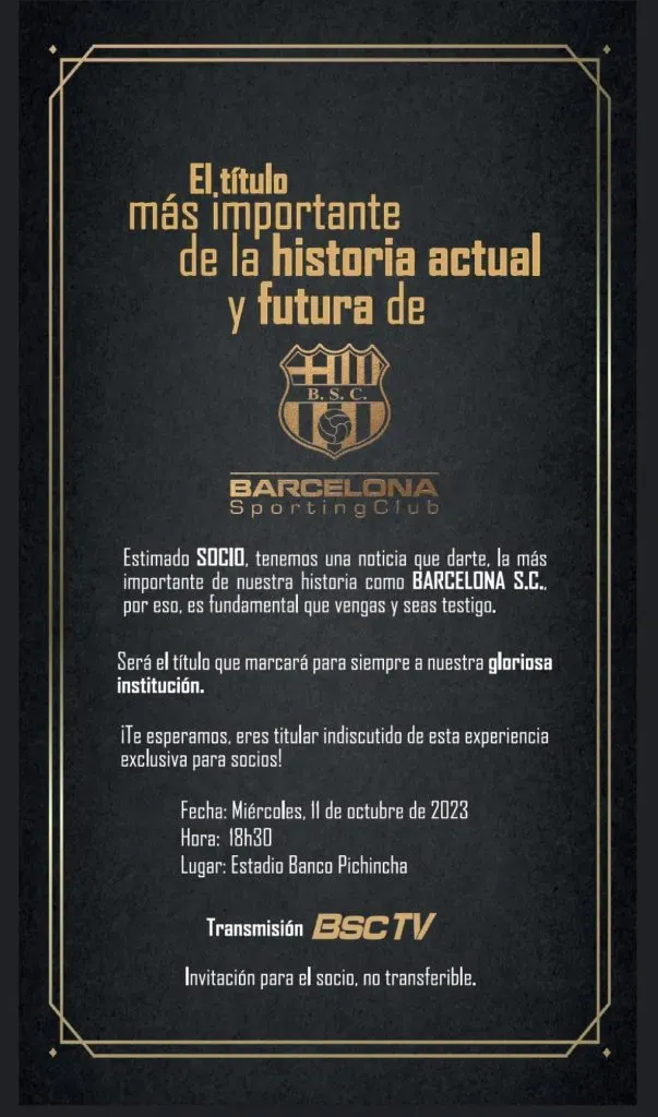 La invitación de Barcelona SC para sus socios en el anuncio del evento.