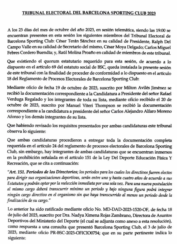 Resolución del Tribunal Electoral del Barcelona SC 1/2