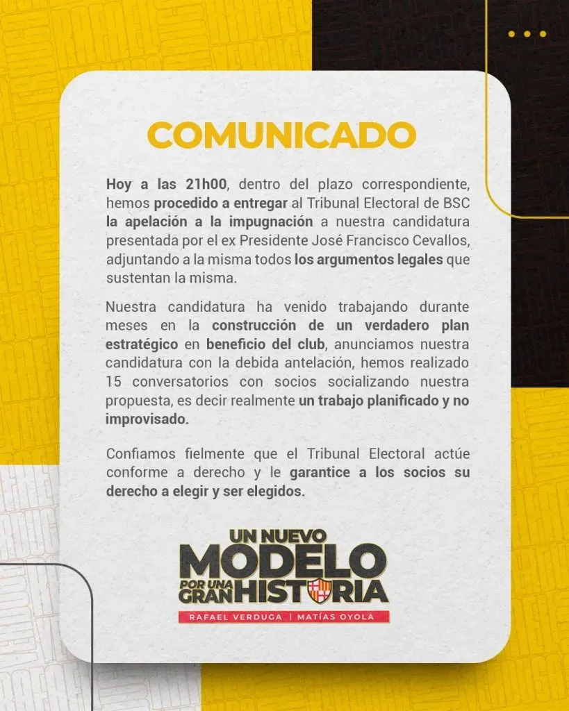 Comunicado oficial lista de Rafael Verduga – Matías Oyola apuntando a José Francisco Cevallos.