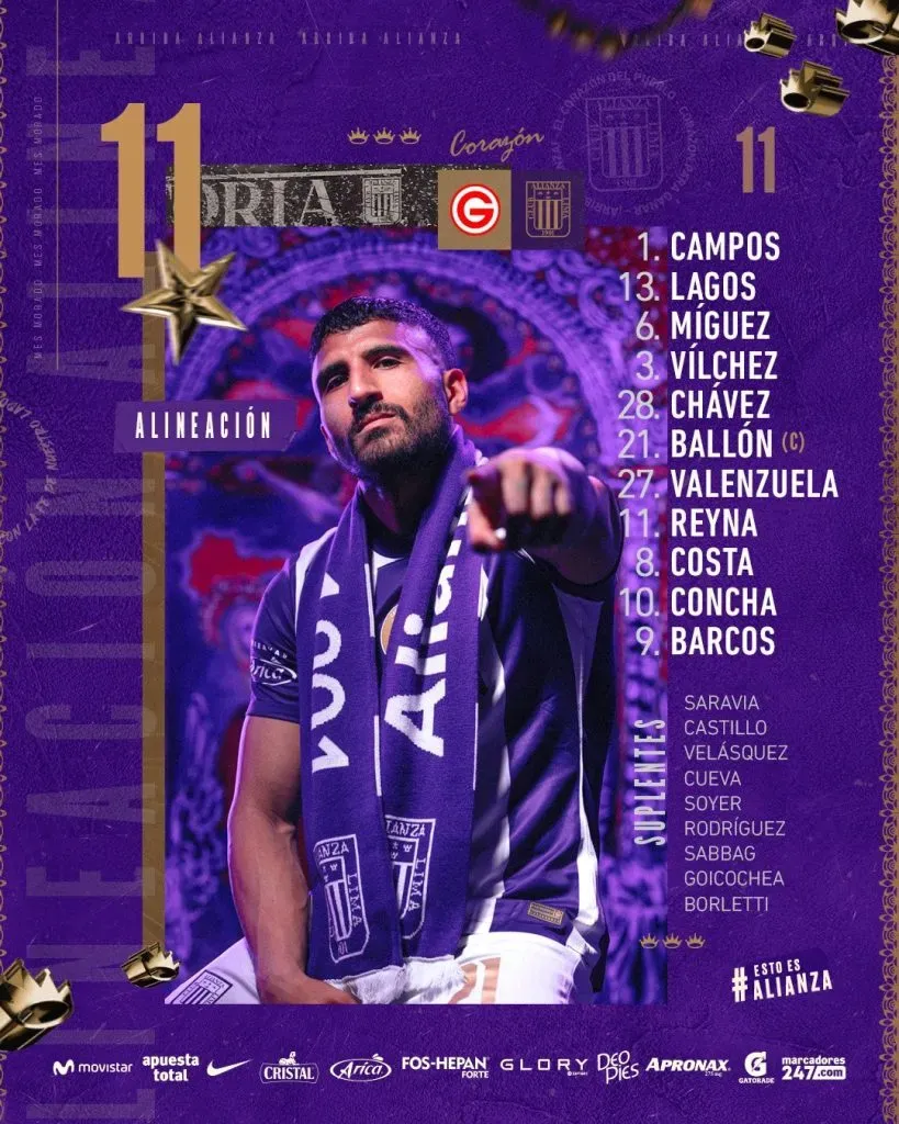 Alianza Lima confirma la alineación titular. (Foto: Alianza Lima).