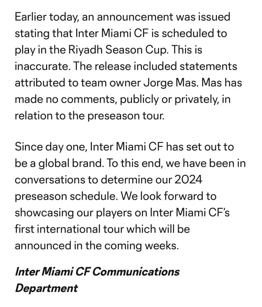 Comunicado de Inter Miami sobre participación en Ryadh Cup. (Foto: X / @FrancoPanizo)