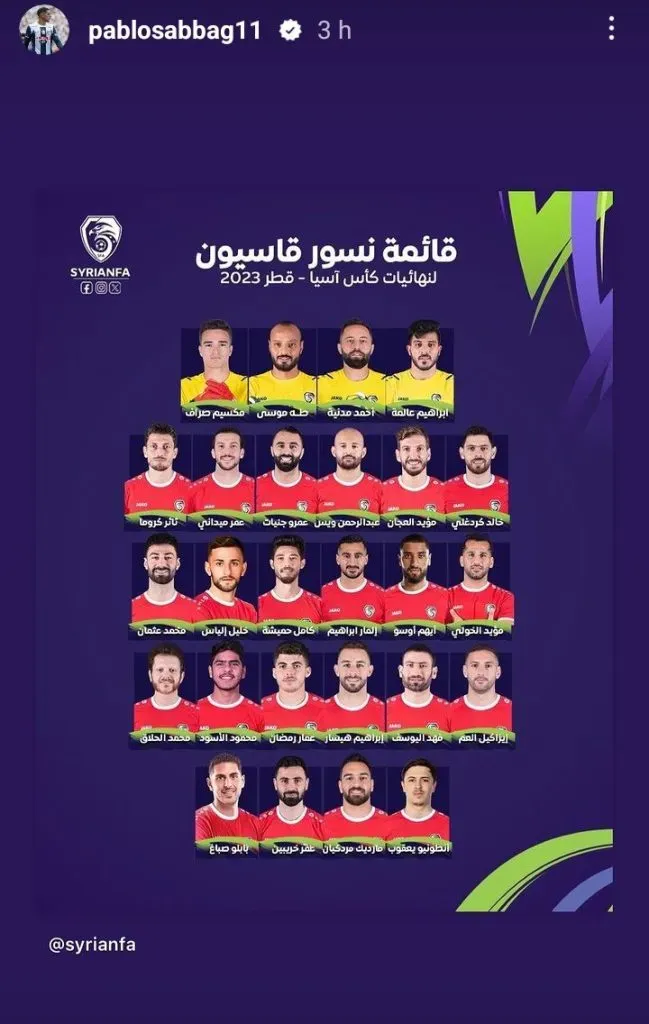 Pablo Sabbag avisó que estaría jugando con Siria la Copa Asiática de Naciones. (Foto: Instagram).