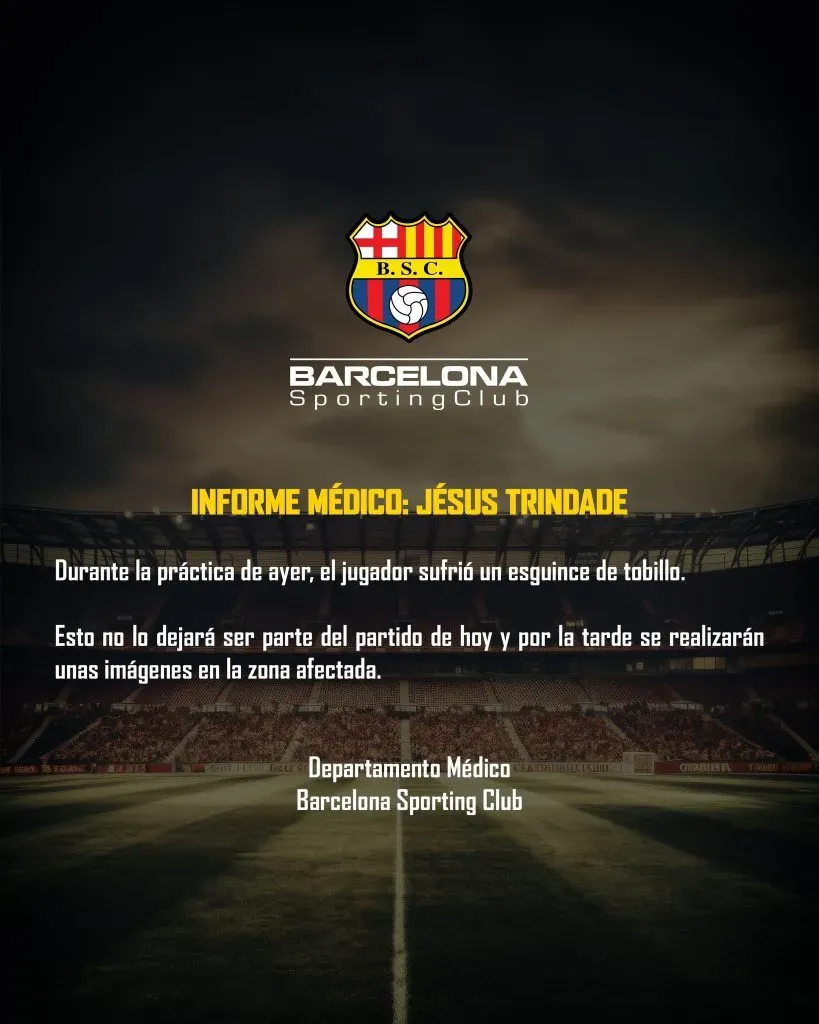 Así comunicó Barcelona SC la lesión de Jesús Trindade. (Foto: @BarcelonaSC)