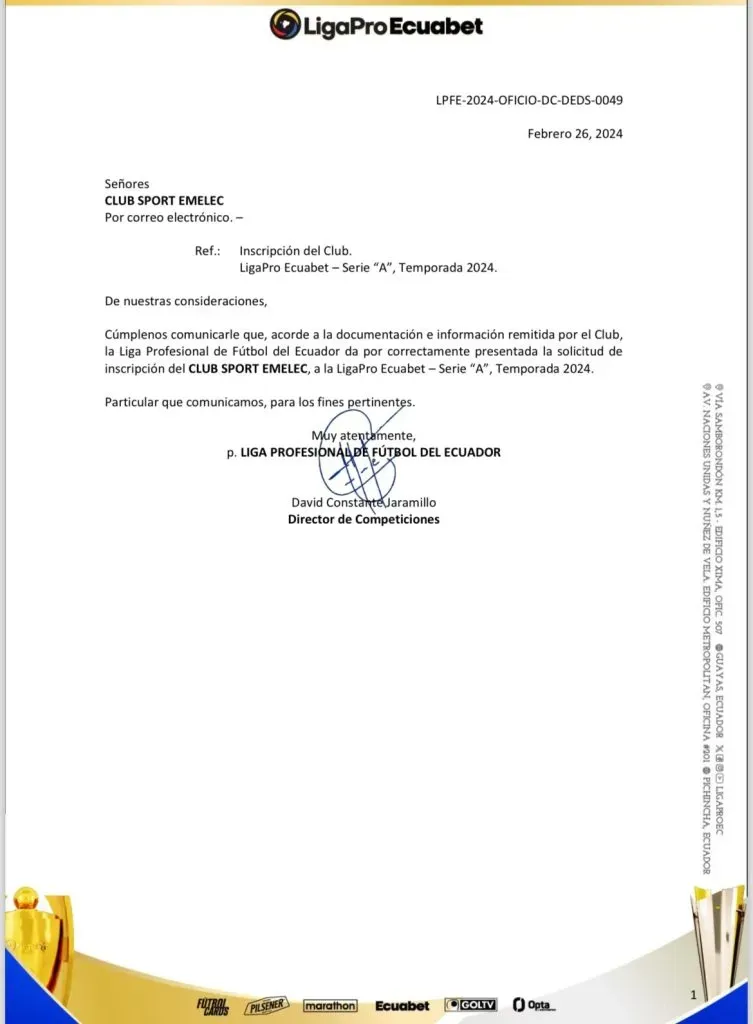 Con este documento se confirmó que Emelec cuenta con TODO su equipo para el comienzo de la LigaPro 2024. (Foto: @majogavilanesa)