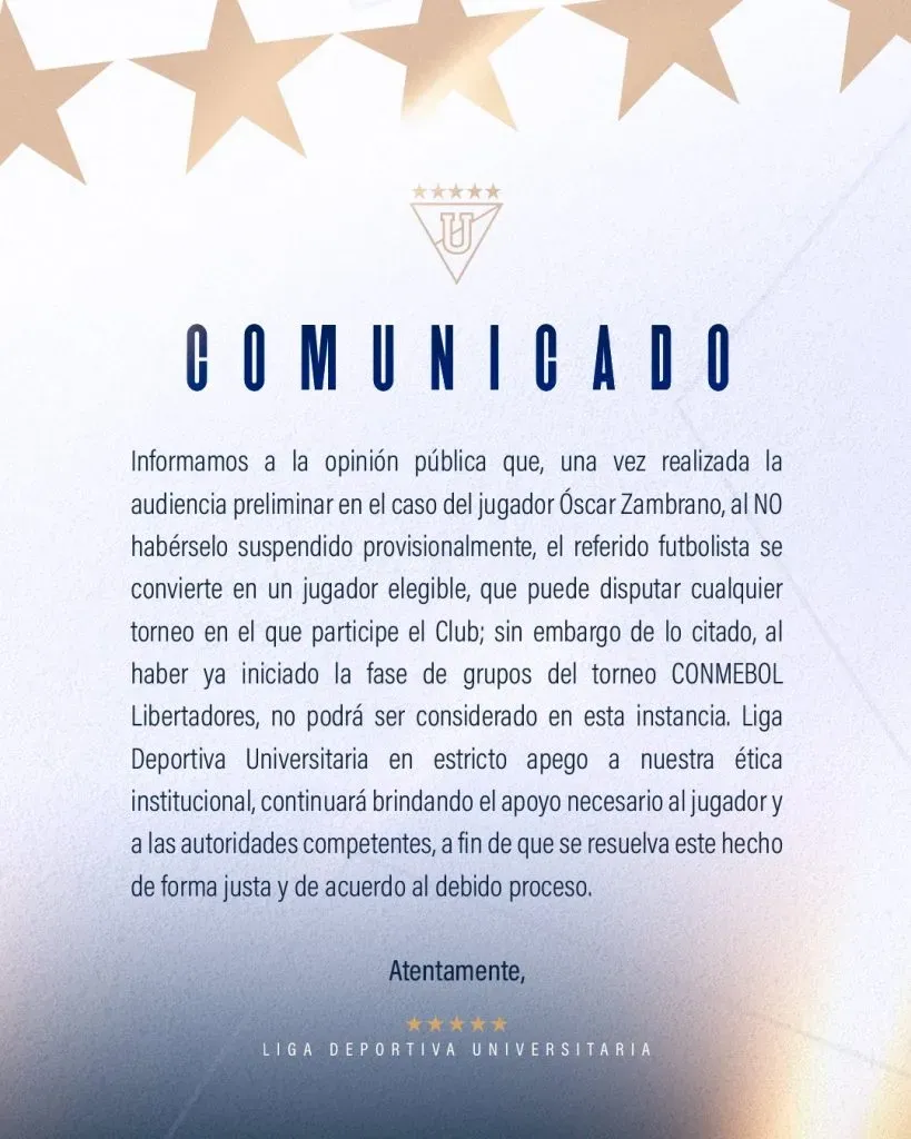 Comunicado de Liga de Quito. Foto: LDUQ.