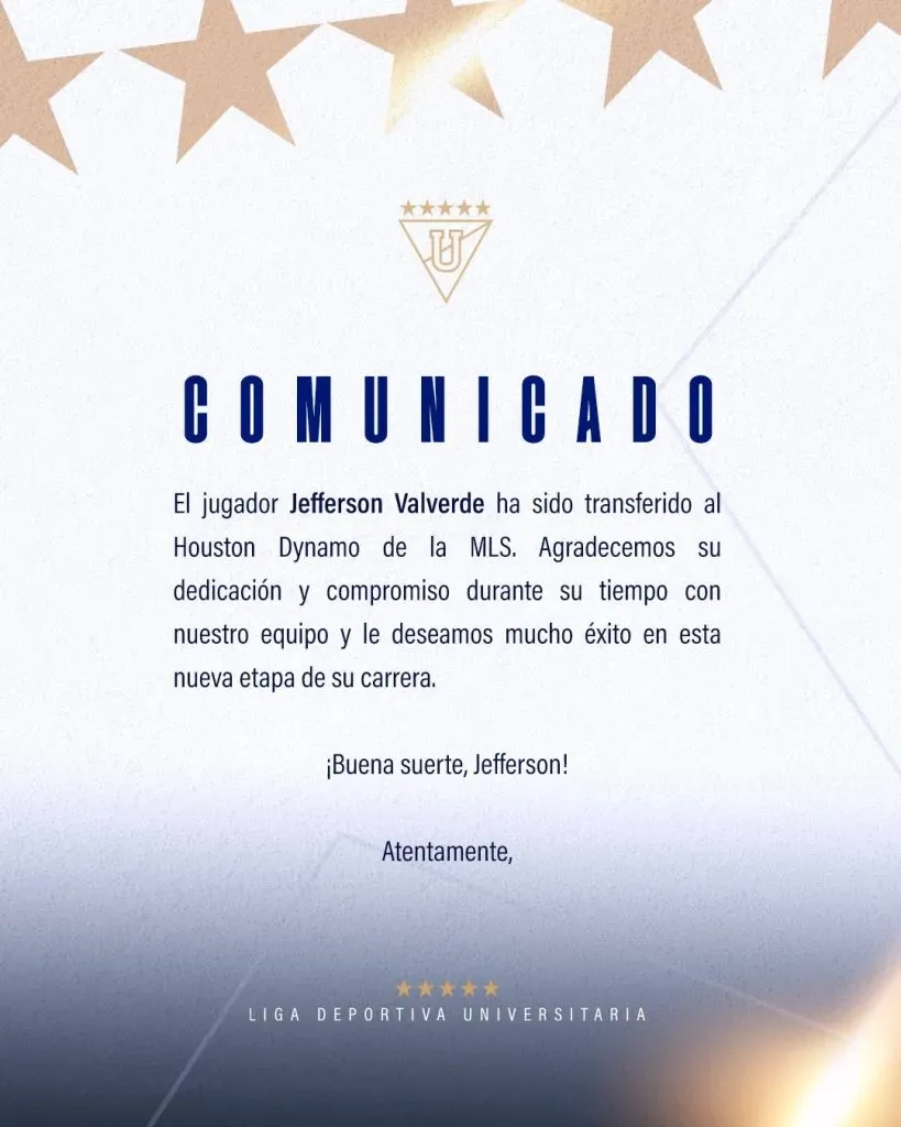 Con este comunicado Liga de Quito confirmó la salida de Jefferson Valverde. (Foto: @LDU_Oficial)