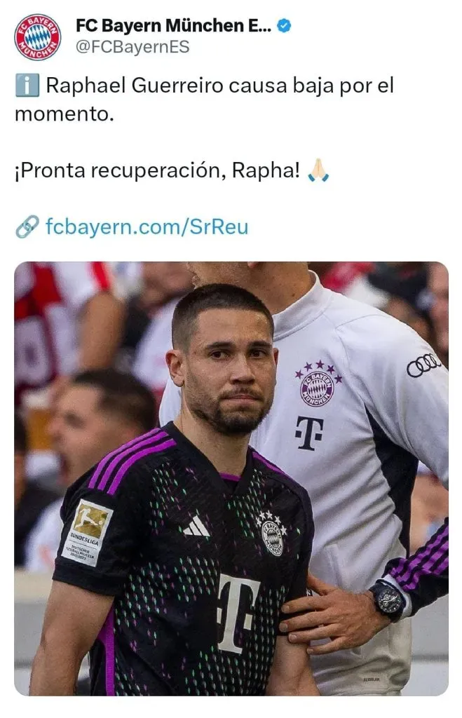 El tuit con el que Bayern Munich confirmó la baja para el encuentro con el Real Madrid.