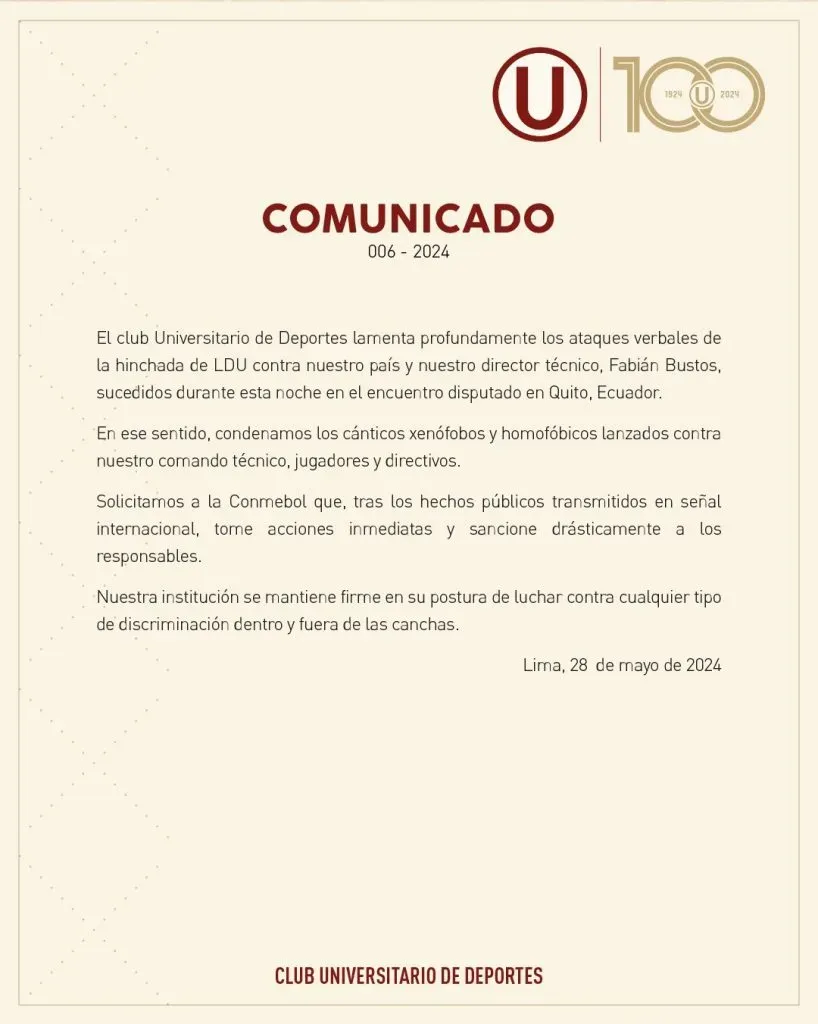 El comunicado de Unviersitario contra los insultos de Liga de Quito. Foto: @Universitario