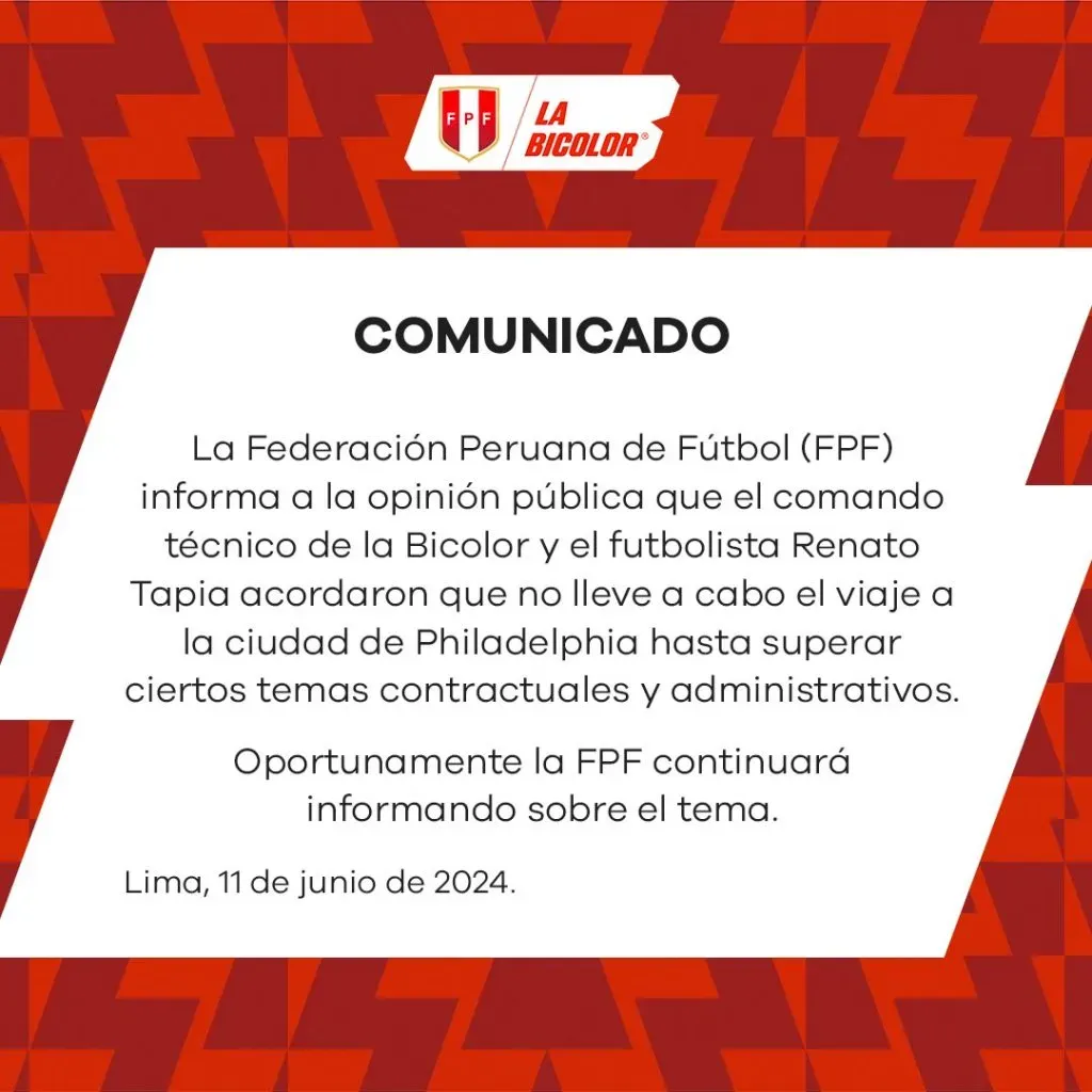 Federación Peruana de Fútbol informa sobre Renato Tapia. (Foto: FPF).