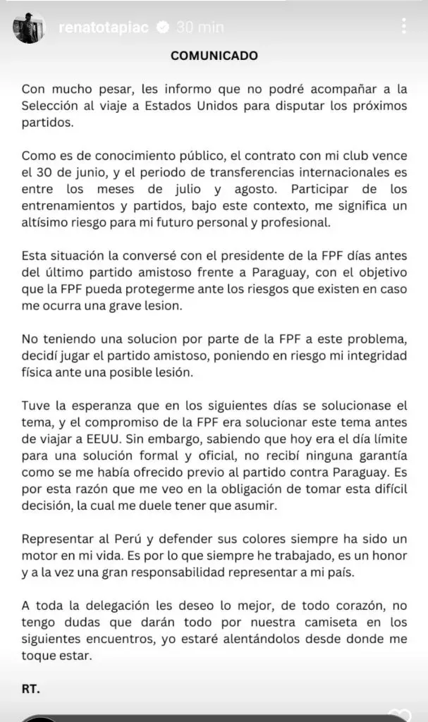 Renato Tapia comunica que no irá a la Copa América 2024. (Foto: Instagram).