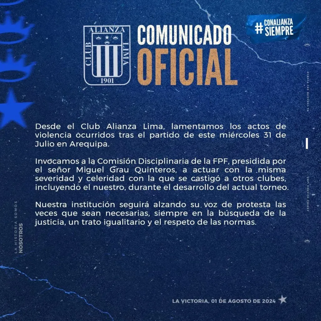 Alianza Lima pide sanción para equipos infractores. (Foto: Alianza Lima).