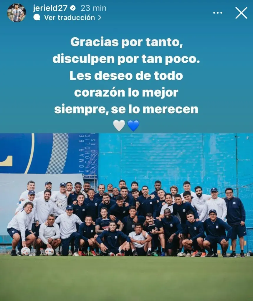 Jeriel de Santis y su despedida de Alianza Lima. (Foto: Instagram).