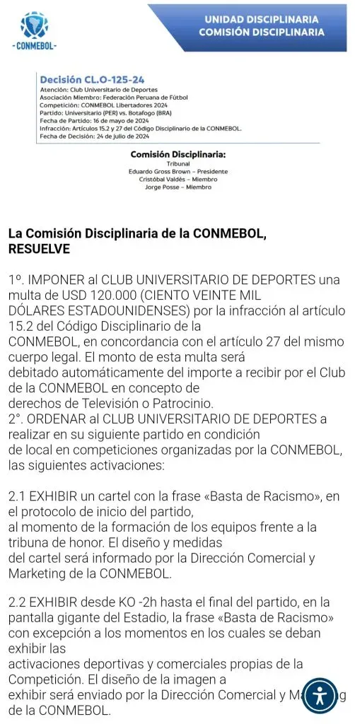 Universitario de Deportes recibió castigo de la CONMEBOL. (Foto: Twitter).