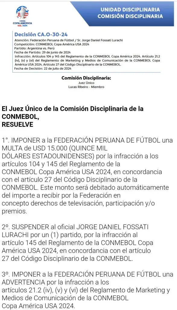 La sanción contra Jorge Fossati de la CONMEBOL. (Foto: Twitter).