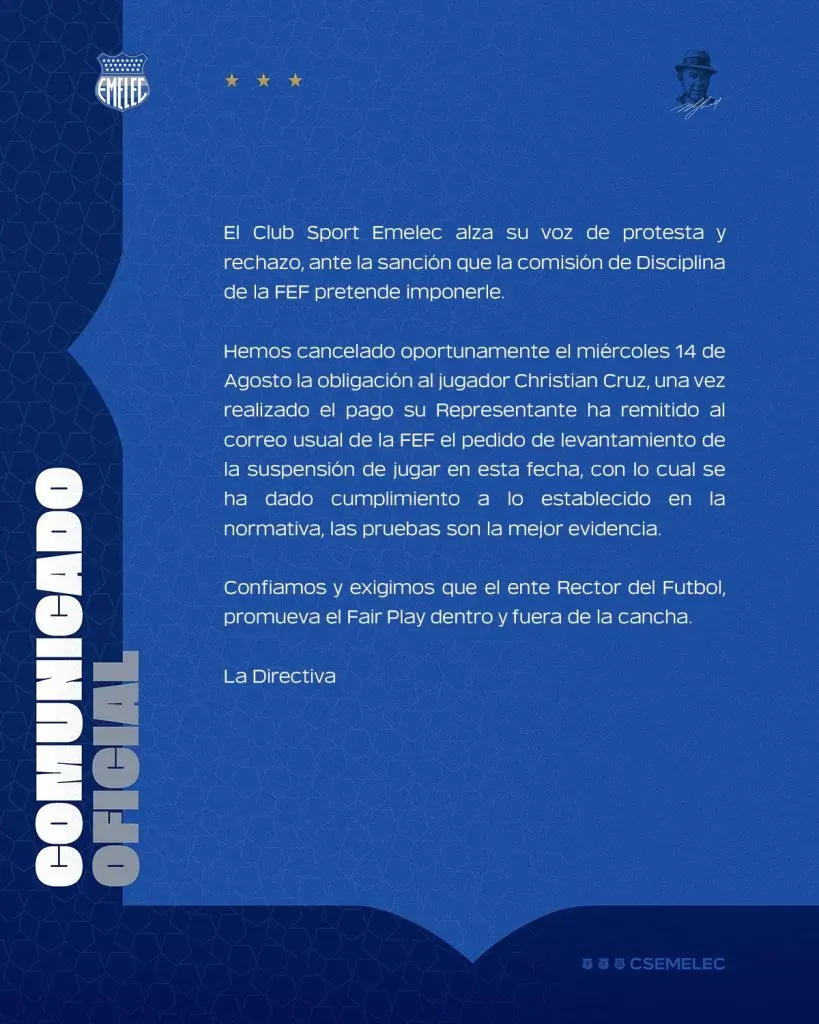 El comunicado de Emelec por esta sanción. (Foto: @CSEmelec)
