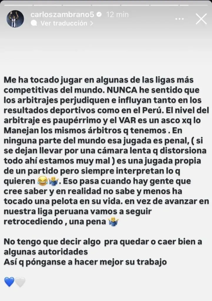 Comunicado de Carlos Zambrano. (Foto: Instagram).