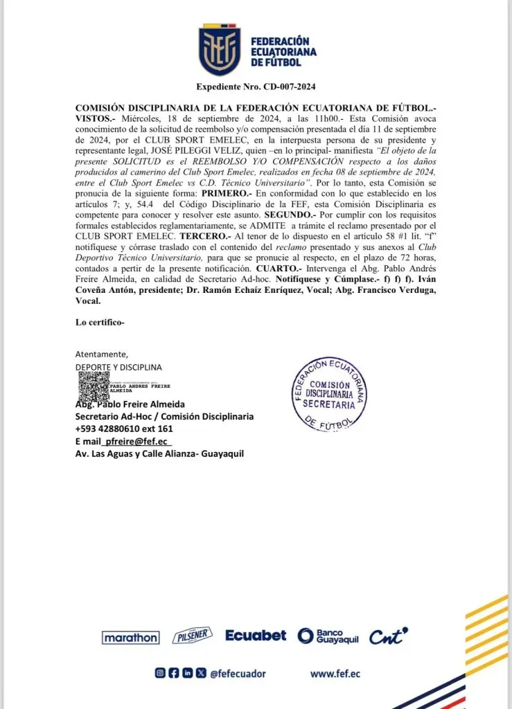 Notificación del reembolso a Técnico Universitario. (Foto: Captura de pantalla FEF)