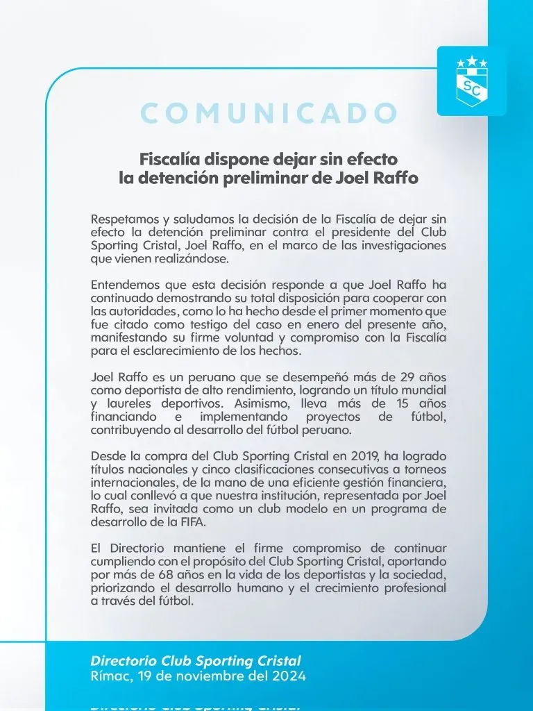 Comunicado de Sporting Cristal sobre Joel Raffo. (Foto: Sporting Cristal).