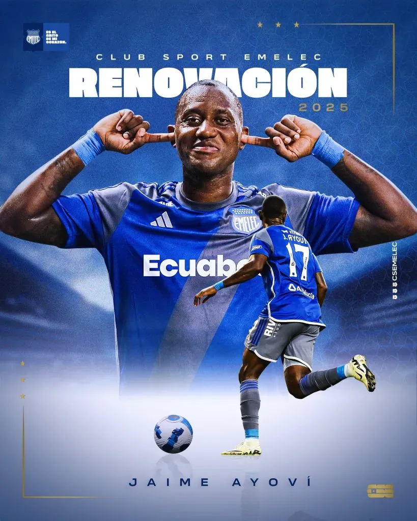 Jaime Ayoví renovó con Emelec para 2025. (Foto: @CSEmelec)