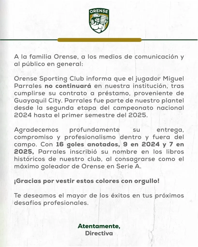 Así despidió Orense a Miguel Parrales. (Foto: @Orense_SC)