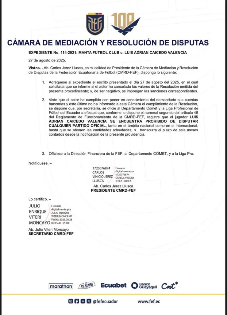 La sanción a Luis Caicedo por parte de FEF. (Foto: @EcuRadioDeporte)