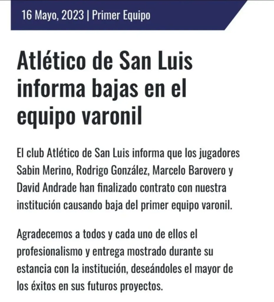 Comunicado de Atlético de San Luis