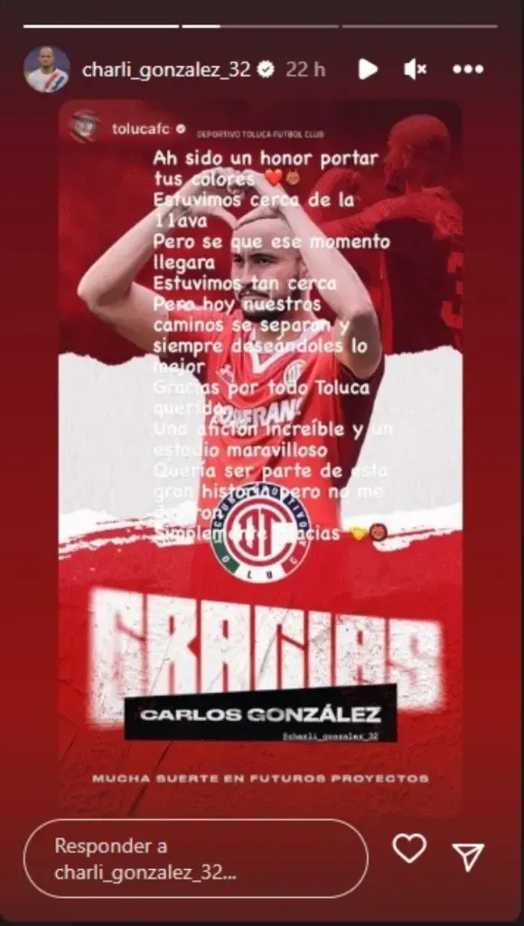 Así lo comunicó González en su cuenta de Instagram