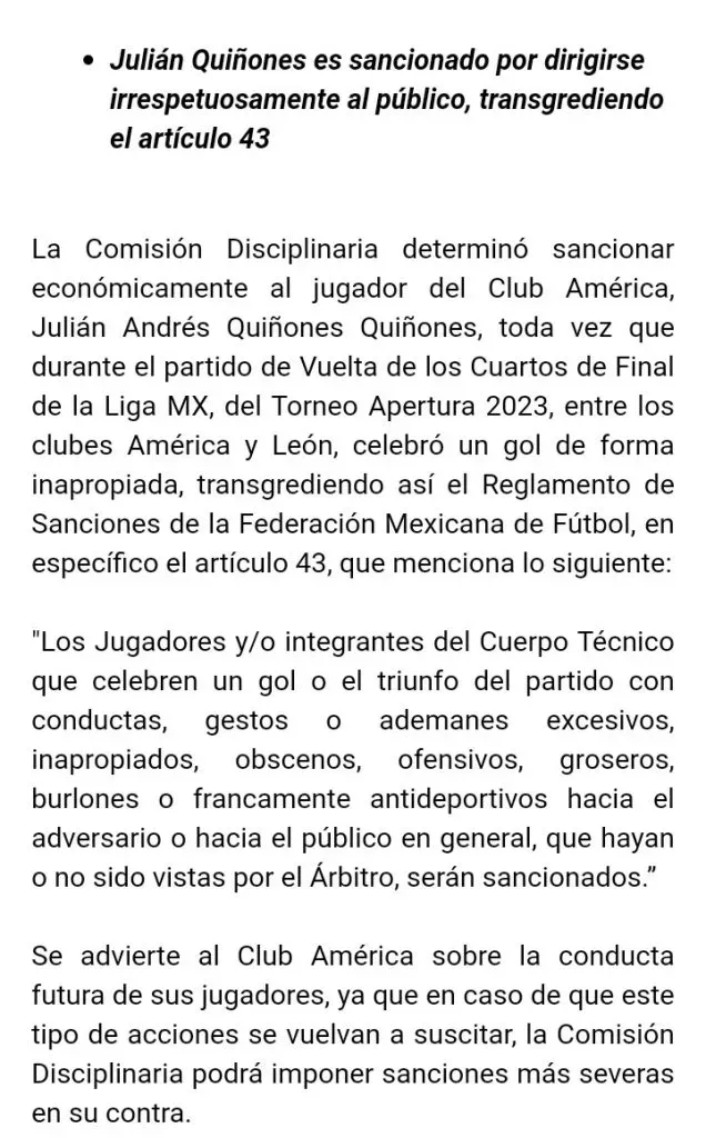 La resolución de la Comisión Disciplinaria en el caso Quiñones.
