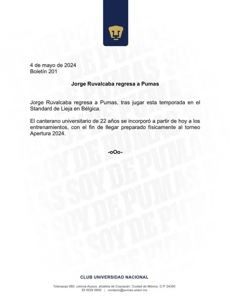 El anuncio de Pumas UNAM sobre Jorge Ruvalcaba (Captura)