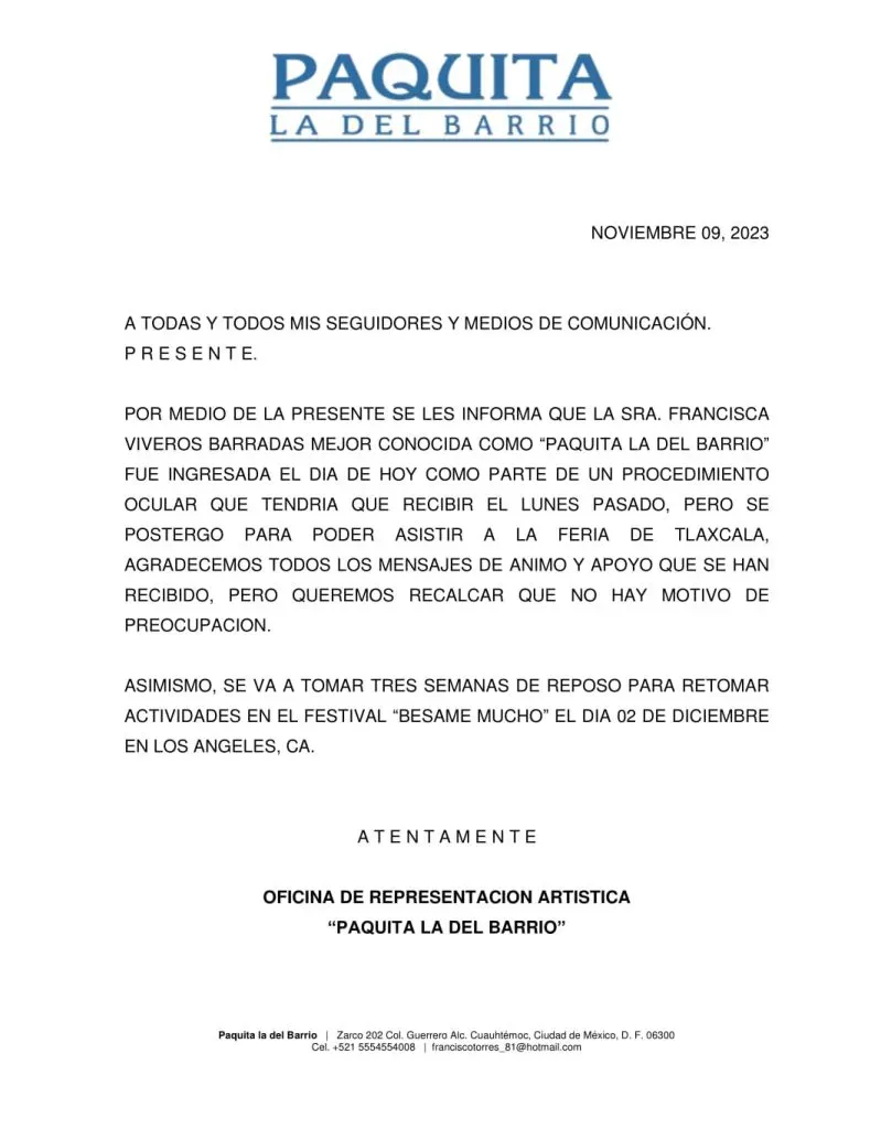 Aquí el comunicado en el que se aclaraba el estado de salud de la reconocida cantante. Imagen: @paquitaoficialb.