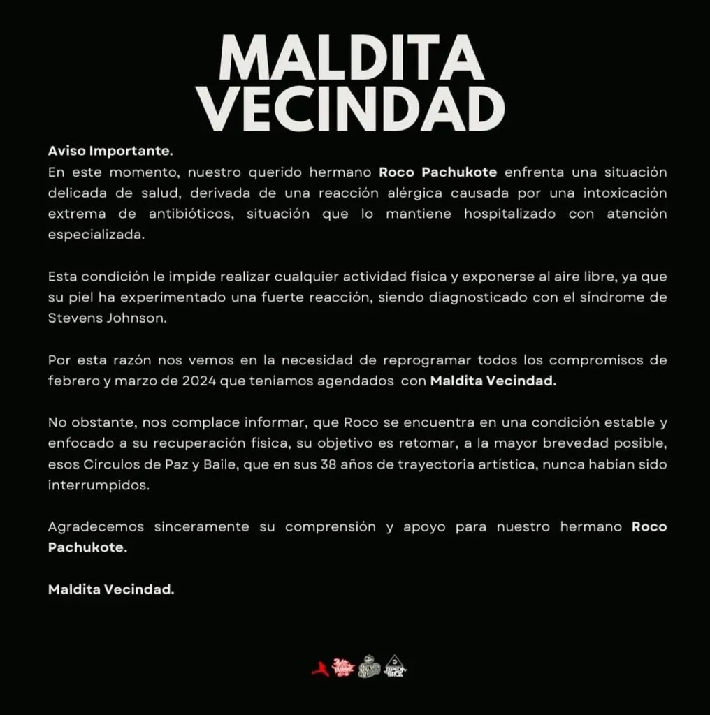 Así fue el comunicado oficial en el que se dio a conocer el padecimiento de Roco Pachukote. Imagen: @malditavecindad.