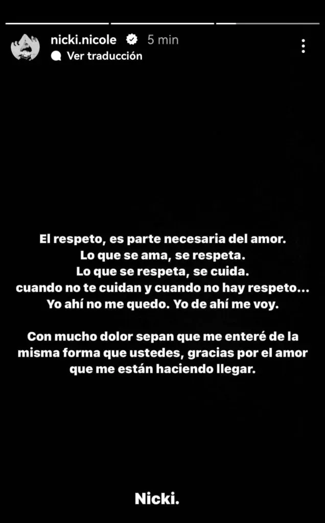 Con este contundente mensaje, Nicky confirmó que su relación con Peso Pluma ha terminado. Imagen: @nicky.nicole.