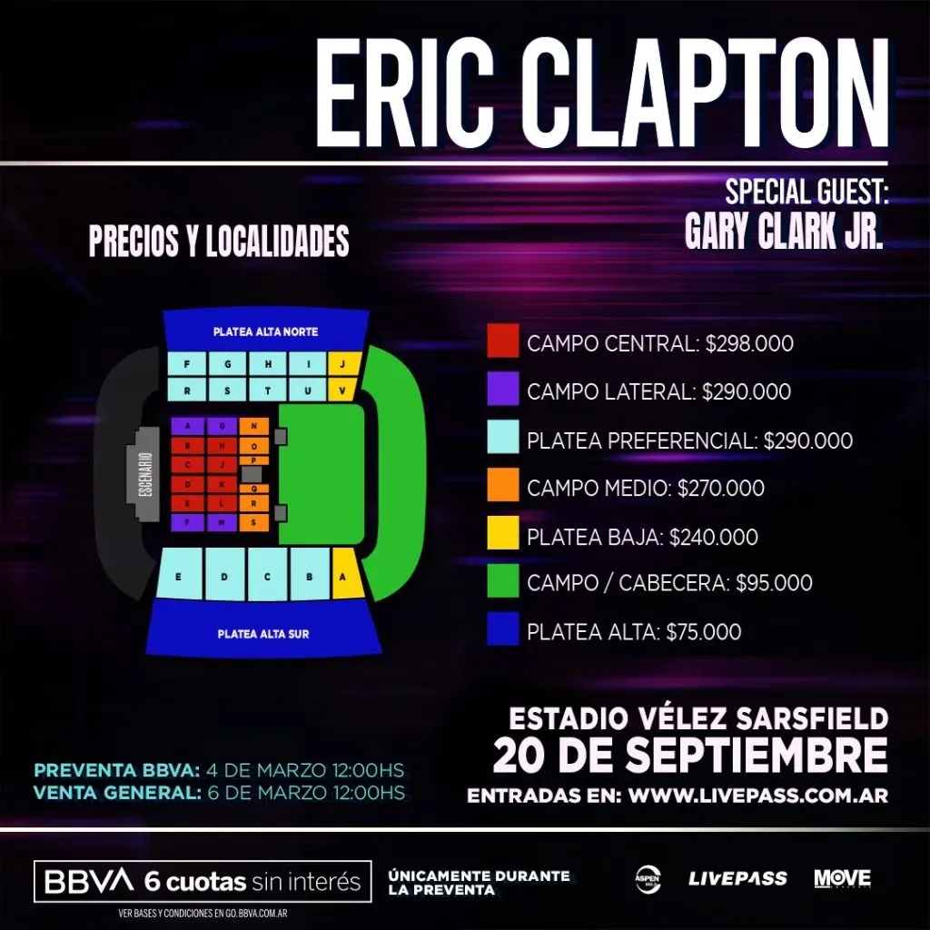 Eric Clapton se presentará en el Estadio de Vélez Argentina.