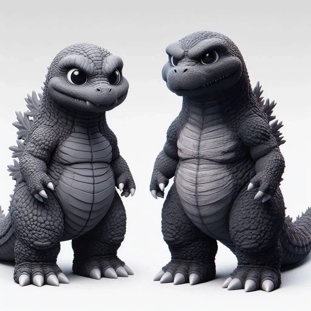 En su segundo diseño, Godzilla conservaría sus colmillos, pero siempre tendría ese aire de inocencia que caracteriza a los personajes de Pixar. Imagen: Copilot, de Bing.