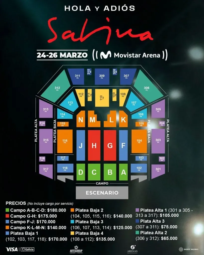 Ubicaciones y precios para Joaquín Sabina en el Movistar Arena Argentina 2025. (Movistar Arena)